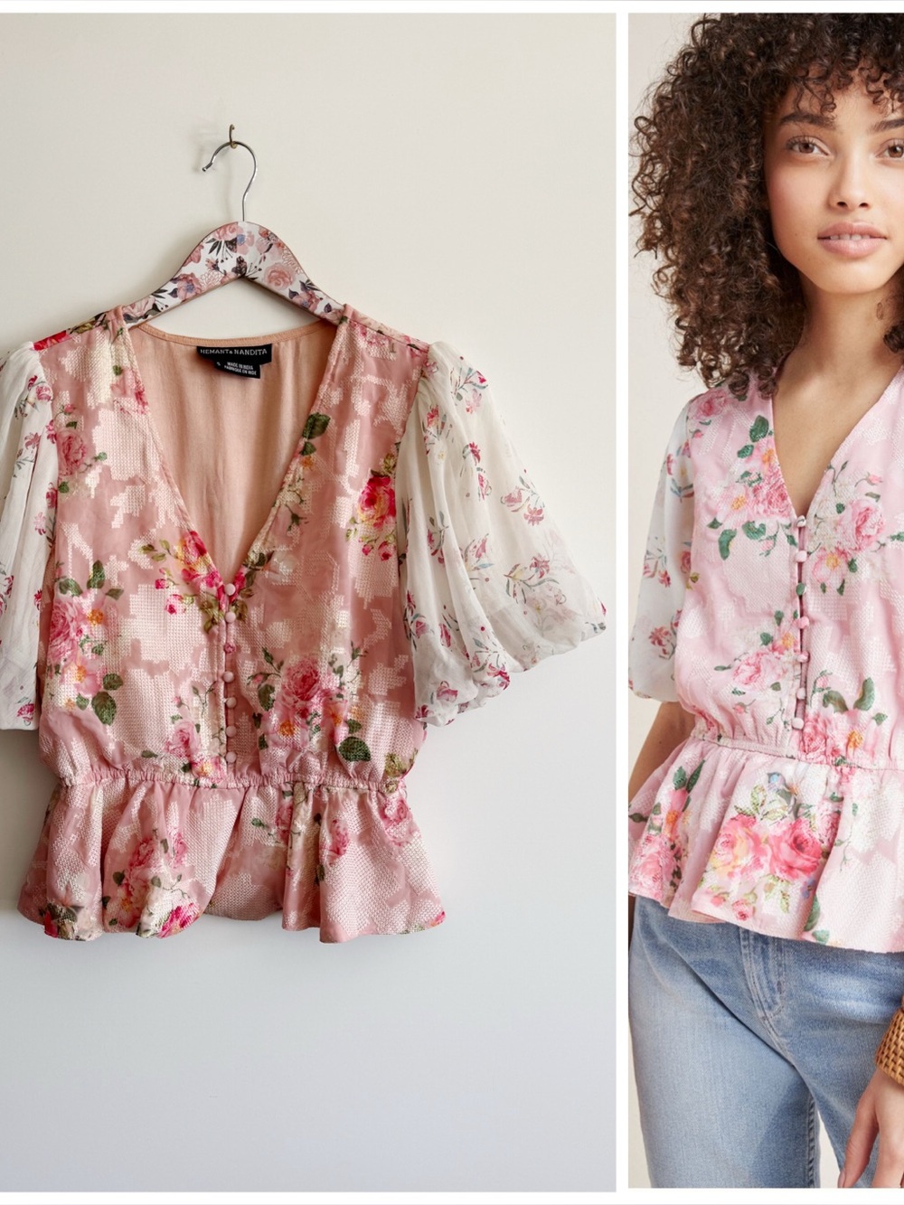 Anthropologie HEMANT & NANDITA Rose Garden Blouse Top Peplum Pink Small